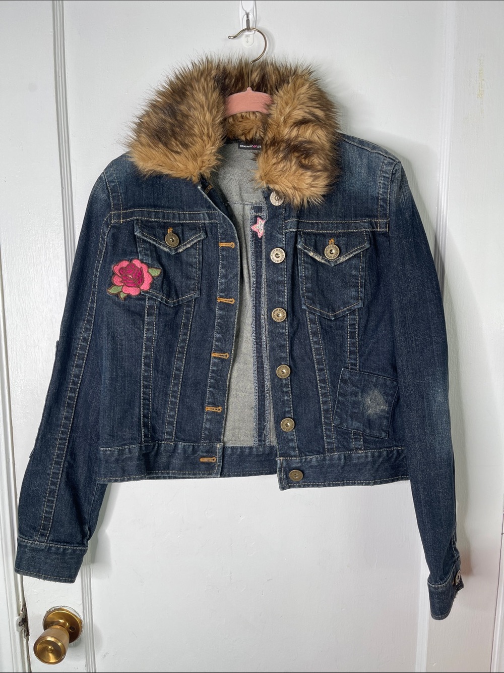 Y2K DKNY Jean Jacket Medium Faux Fur Collar Embroidery M Skull Flower Vintage